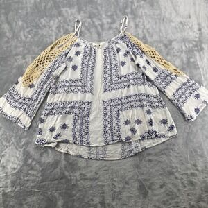 Umgee Top Womens Large Blue White Medallion Cold Shoulder Crochet Bell Sleeve